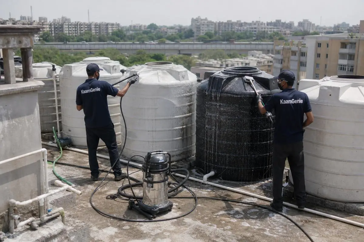 KaamGenie crew cleaning a society water tank in Vikaspuri, Delhi