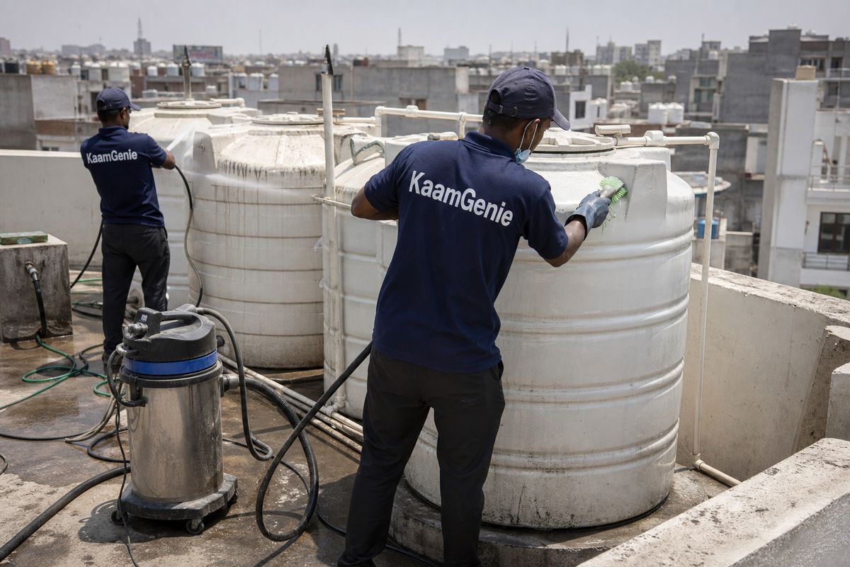 KaamGenie crew cleaning a society water tank in Vikram Vihar, Delhi