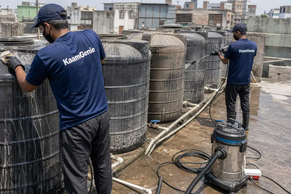 KaamGenie crew cleaning a society water tank in Wazirpur, Delhi
