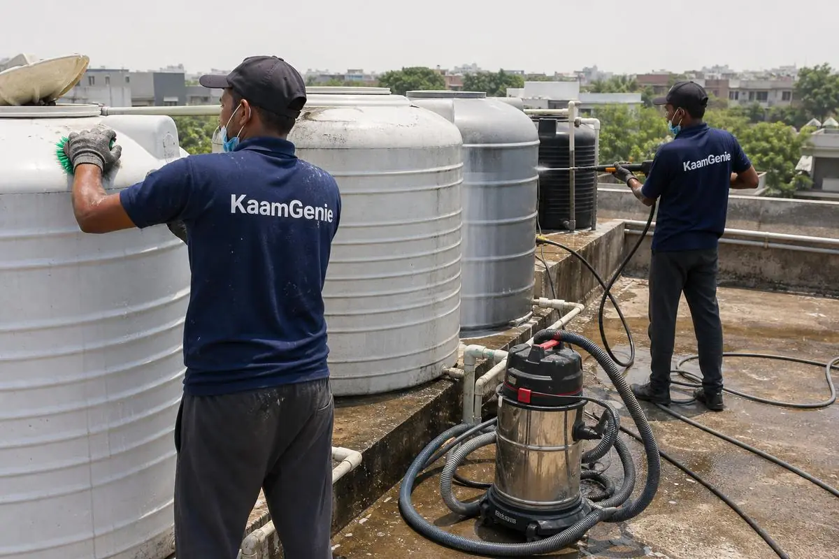 KaamGenie crew cleaning a society water tank in Westend Greens & DLF Farms, Delhi