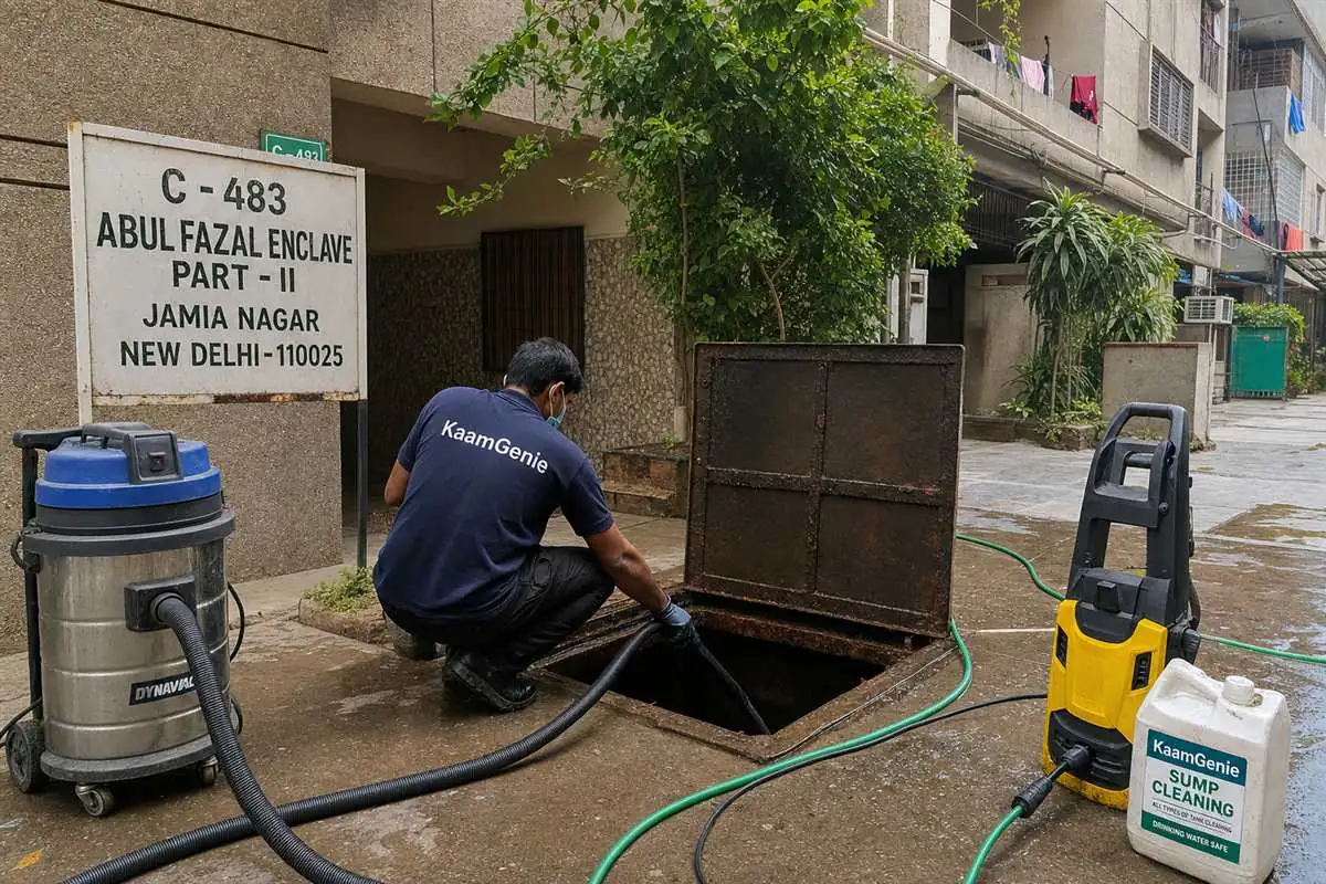 KaamGenie crew cleaning a underground sump in Abul Fazal Enclave, Delhi
