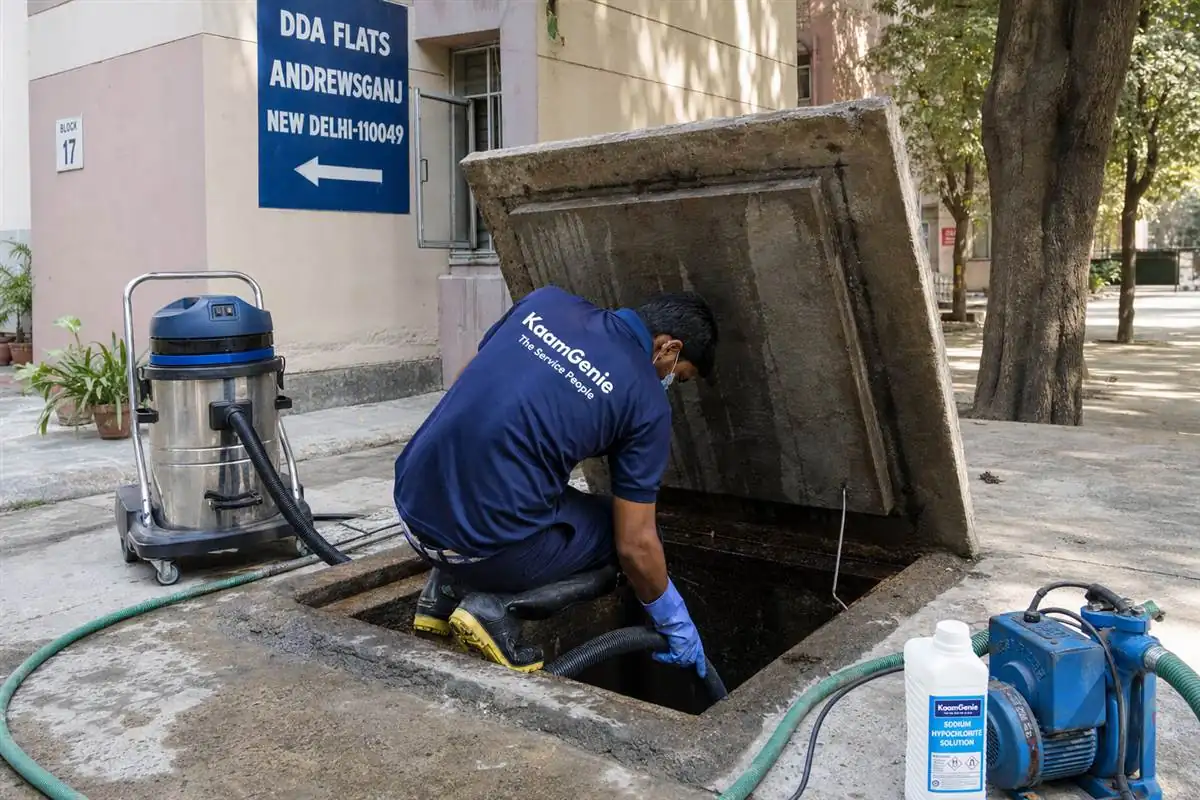 KaamGenie crew cleaning a underground sump in Andrewsganj, Delhi