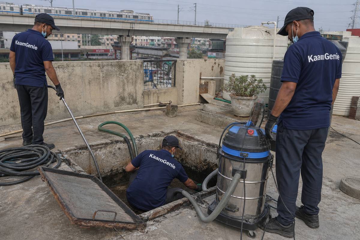KaamGenie crew cleaning a underground sump in Badarpur, Delhi
