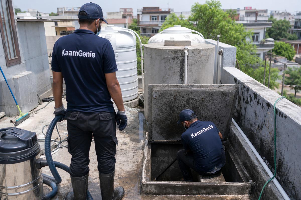 KaamGenie crew cleaning a underground sump in Bali Nagar, Delhi