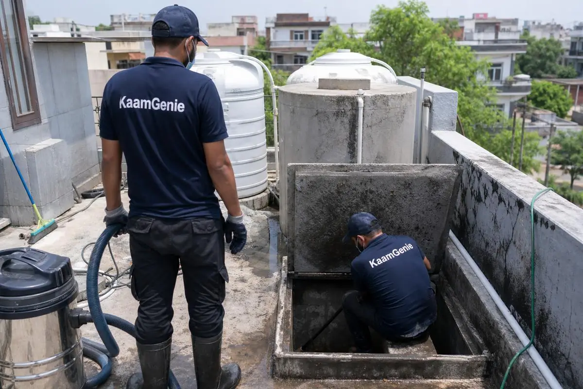 KaamGenie crew cleaning a underground sump in Bali Nagar, Delhi