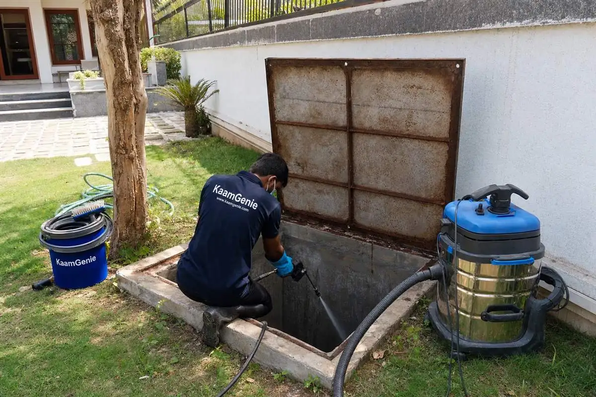 KaamGenie crew cleaning a underground sump in Chattarpur, Delhi