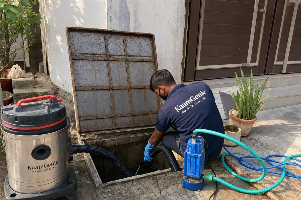 KaamGenie crew cleaning a underground sump in Chirag Delhi, Delhi