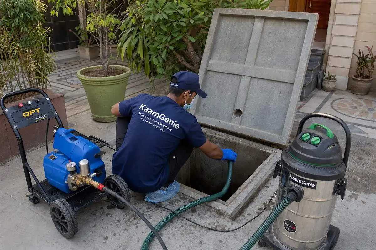 KaamGenie crew cleaning a underground sump in CR Park, Delhi