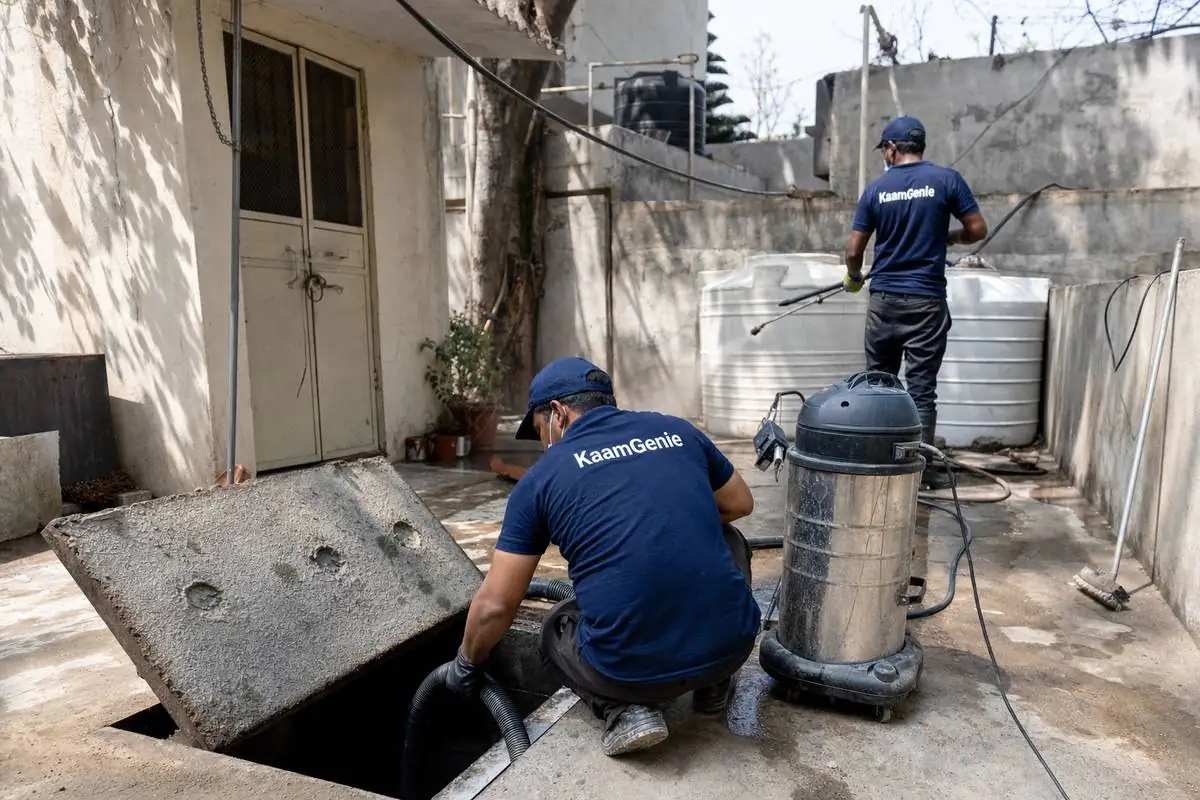 KaamGenie crew cleaning a underground sump in Delhi Cantt, Delhi