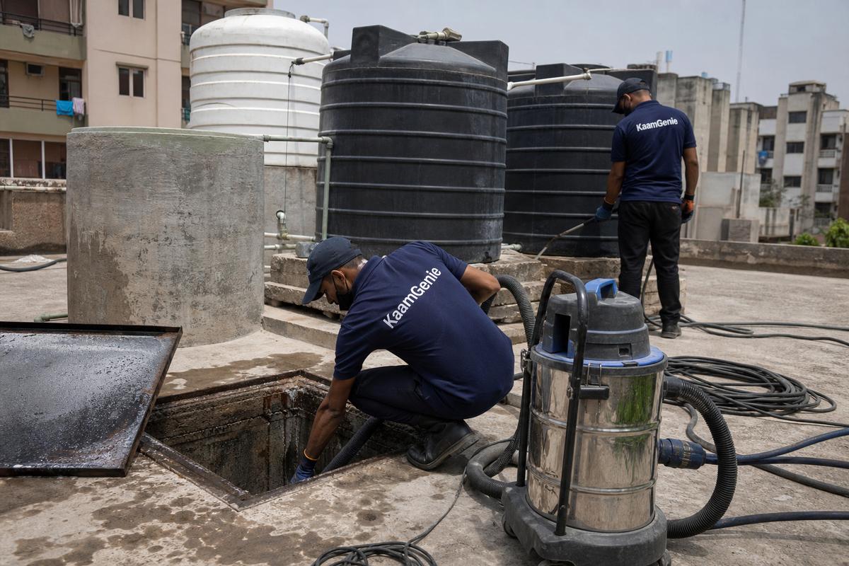 KaamGenie crew cleaning a underground sump in Dilshad Garden, Delhi