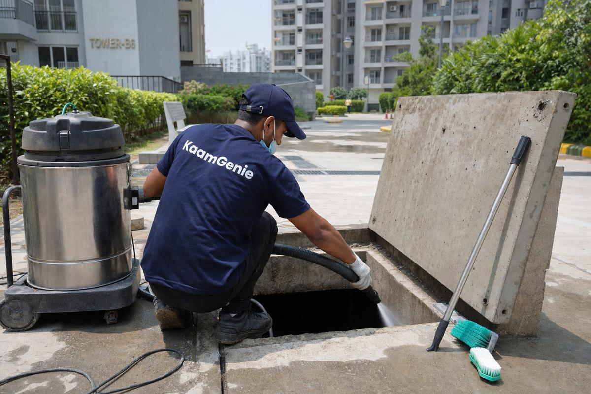 KaamGenie crew cleaning a underground sump in Dwarka Sector 14, Delhi