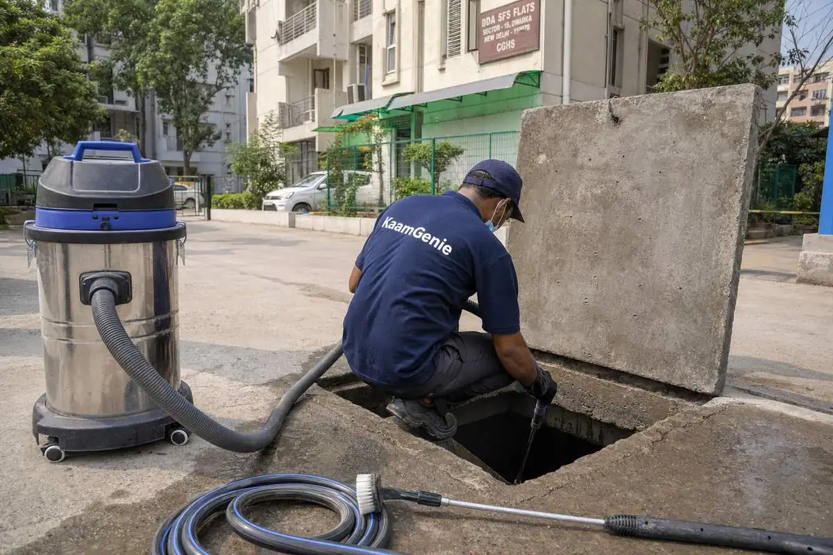 KaamGenie crew cleaning a underground sump in Dwarka Sector 15, Delhi
