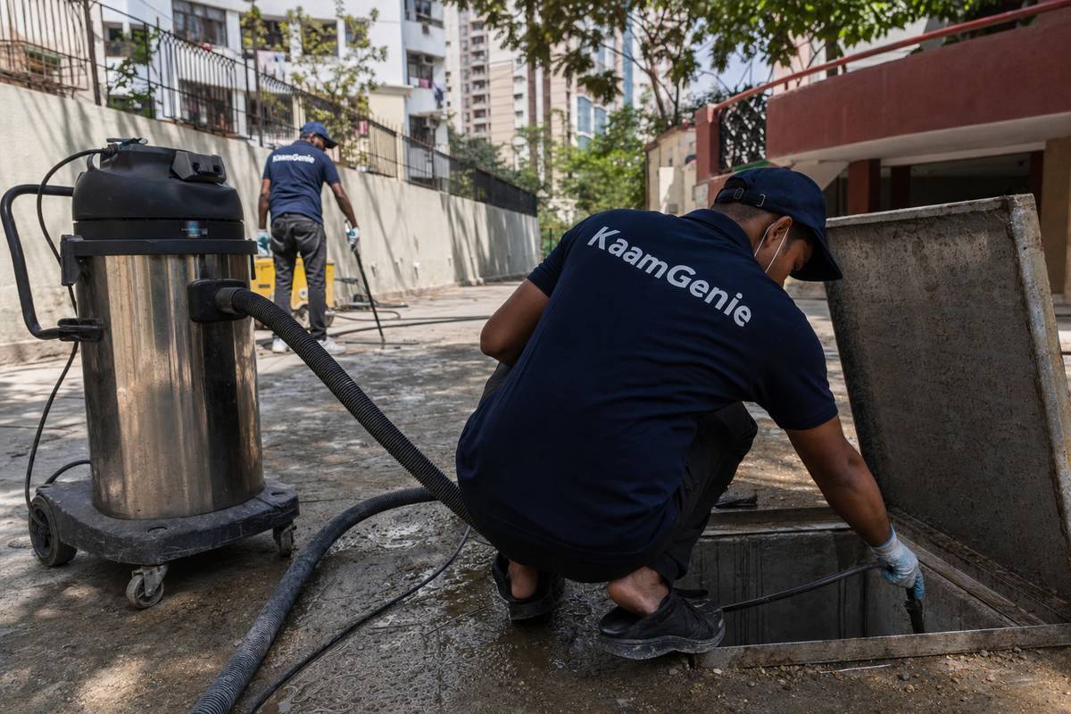 KaamGenie crew cleaning a underground sump in Dwarka Sector 17, Delhi