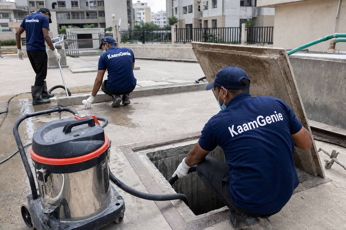 KaamGenie crew cleaning a underground sump in Dwarka Sector 21, Delhi