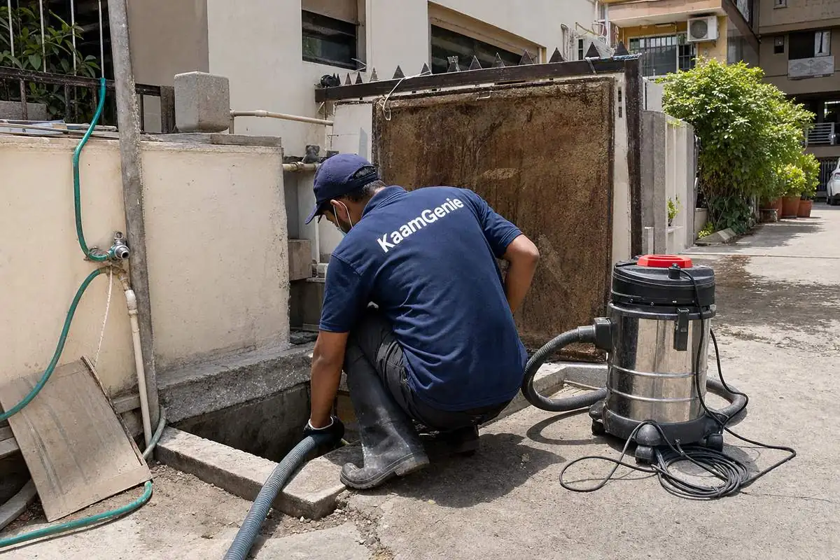KaamGenie crew cleaning a underground sump in Dwarka Sector 25, Delhi