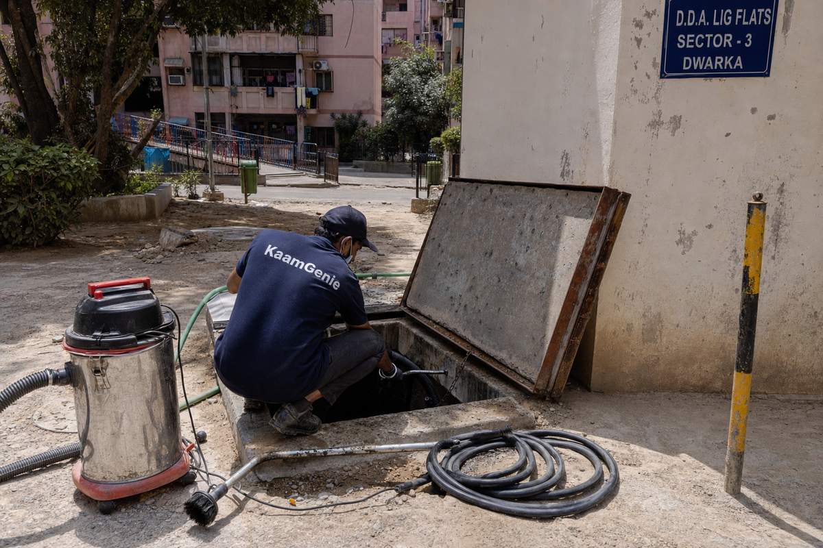 KaamGenie crew cleaning a underground sump in Dwarka Sector 3, Delhi
