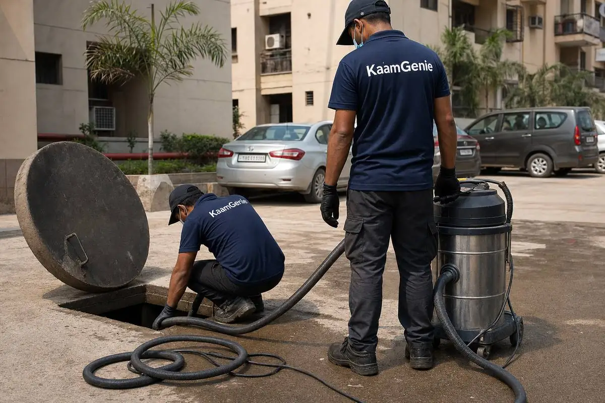 KaamGenie crew cleaning a underground sump in Dwarka Sector 7, Delhi