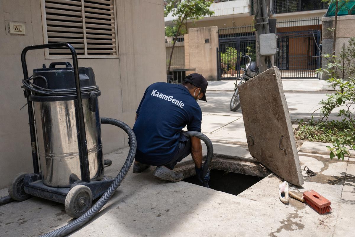KaamGenie crew cleaning a underground sump in Freedom Fighter Enclave, Delhi