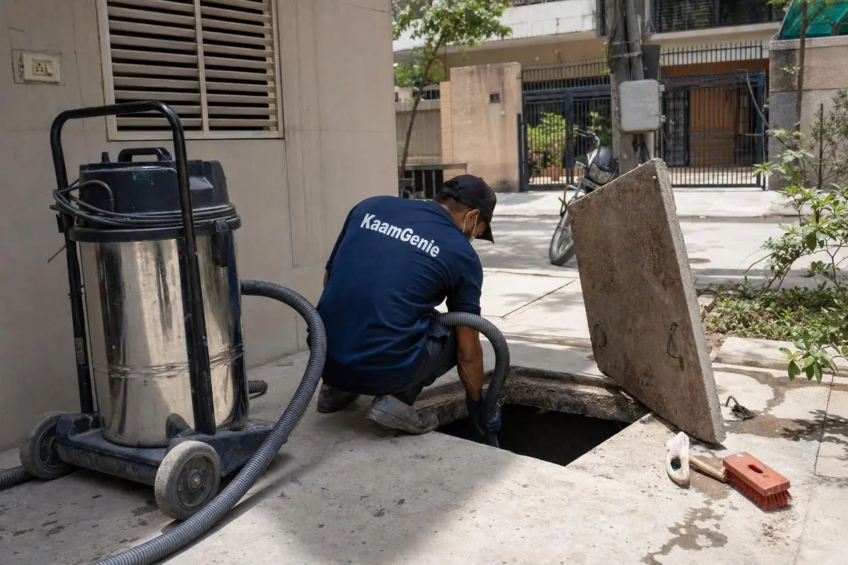 KaamGenie crew cleaning a underground sump in Freedom Fighter Enclave, Delhi