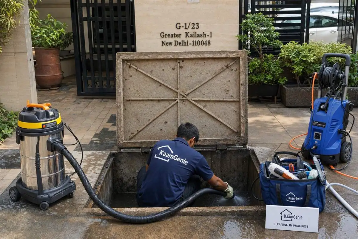 KaamGenie crew cleaning a underground sump in Greater Kailash, Delhi