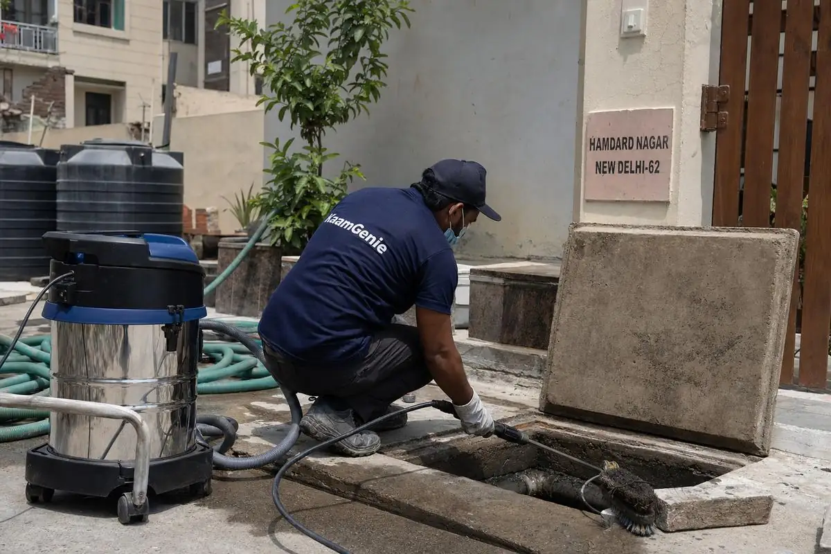 KaamGenie crew cleaning a underground sump in Hamdard Nagar, Delhi