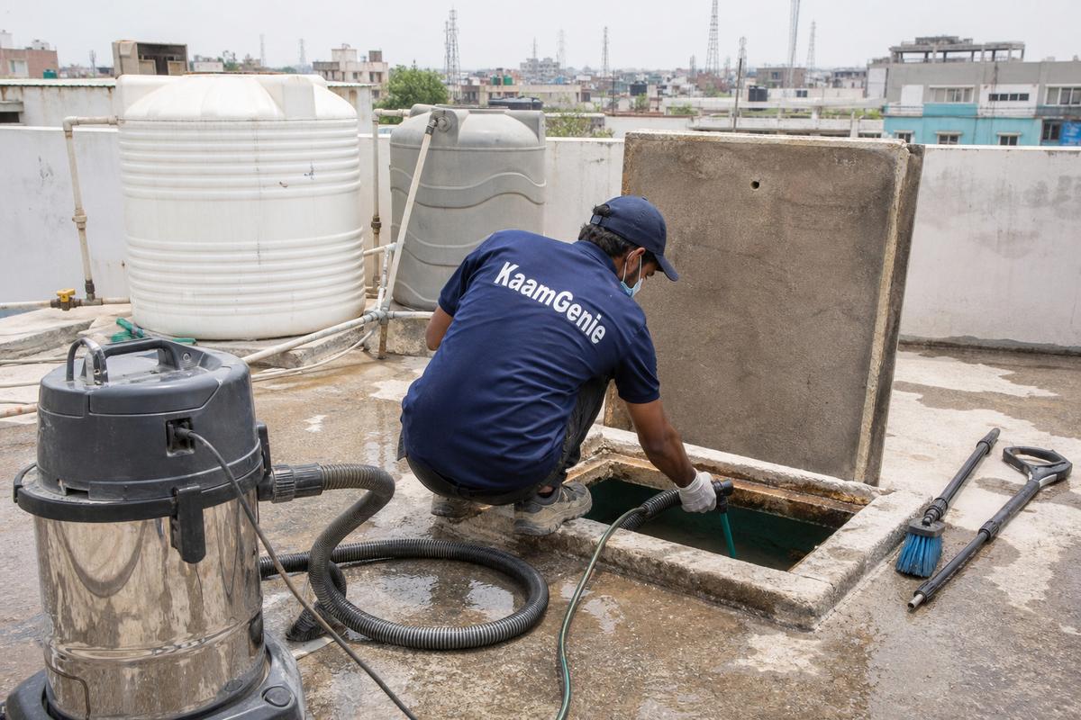 KaamGenie crew cleaning a underground sump in Harsh Vihar, Delhi