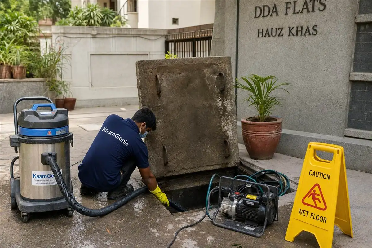 KaamGenie crew cleaning a underground sump in Hauz Khas, Delhi