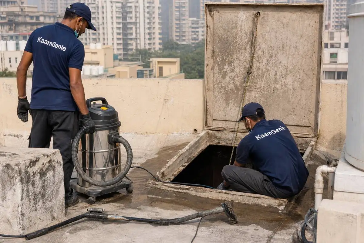 KaamGenie crew cleaning a underground sump in Janakpuri A Block, Delhi