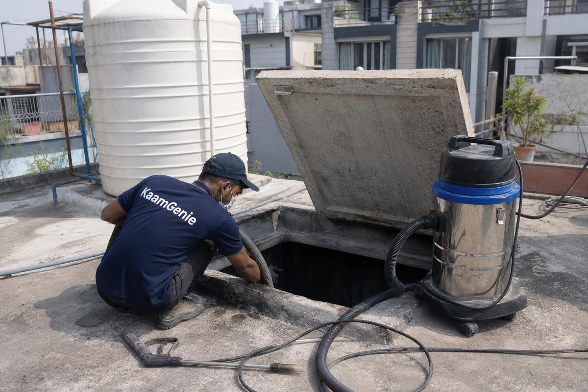 KaamGenie crew cleaning a underground sump in Jangpura, Delhi