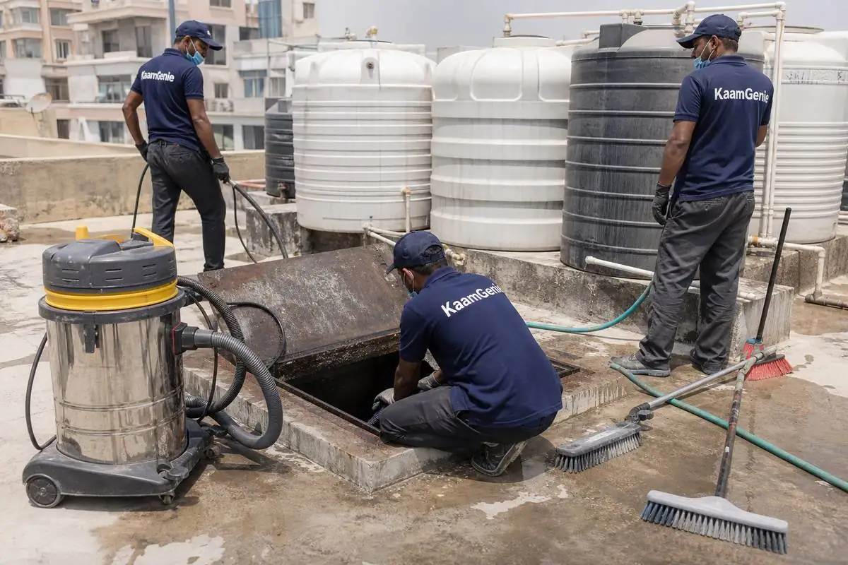 KaamGenie crew cleaning a underground sump in Johri Farm, Delhi