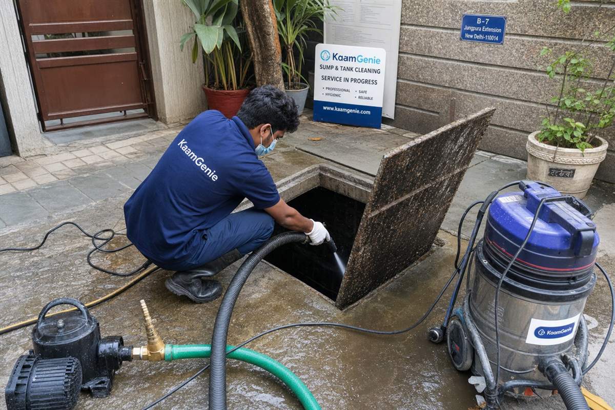 KaamGenie crew cleaning a underground sump in Jungpura, Delhi
