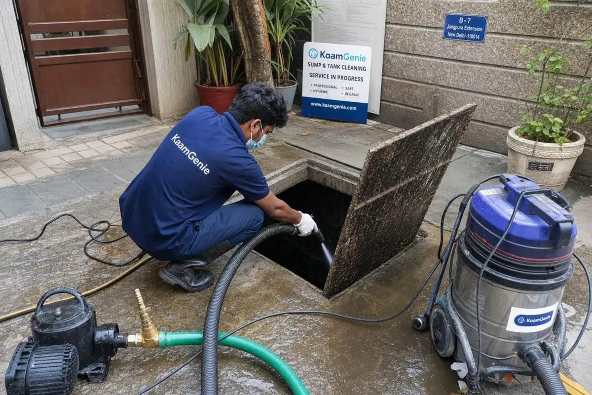 KaamGenie crew cleaning a underground sump in Jungpura, Delhi