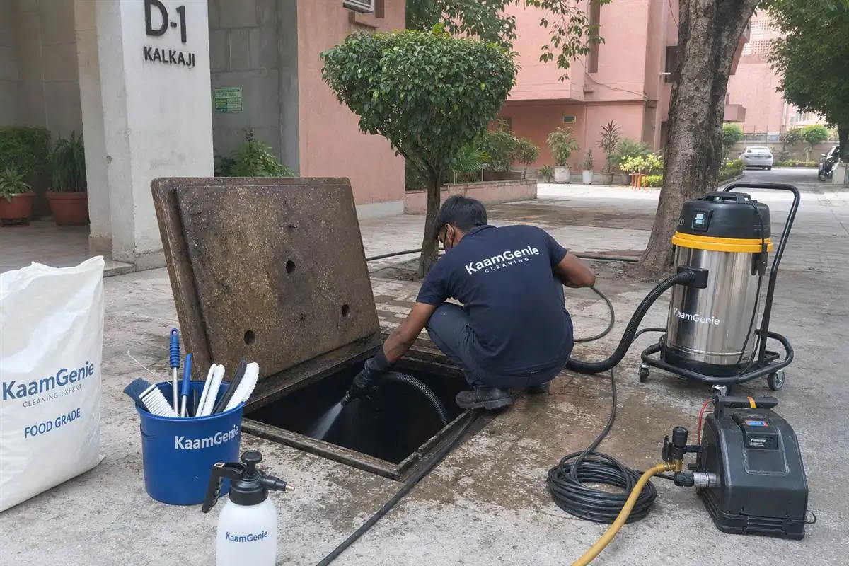 KaamGenie crew cleaning a underground sump in Kalkaji, Delhi
