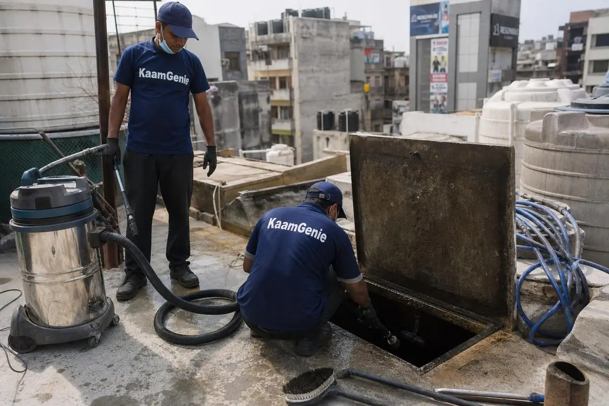 KaamGenie crew cleaning a underground sump in Kamla Nagar, Delhi