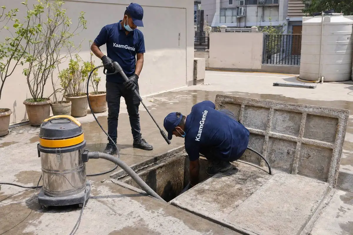 KaamGenie crew cleaning a underground sump in Kasturba Nagar, Delhi
