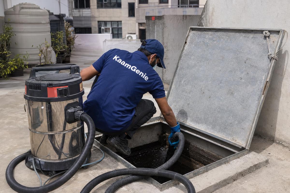 KaamGenie crew cleaning a underground sump in Katwaria Sarai, Delhi