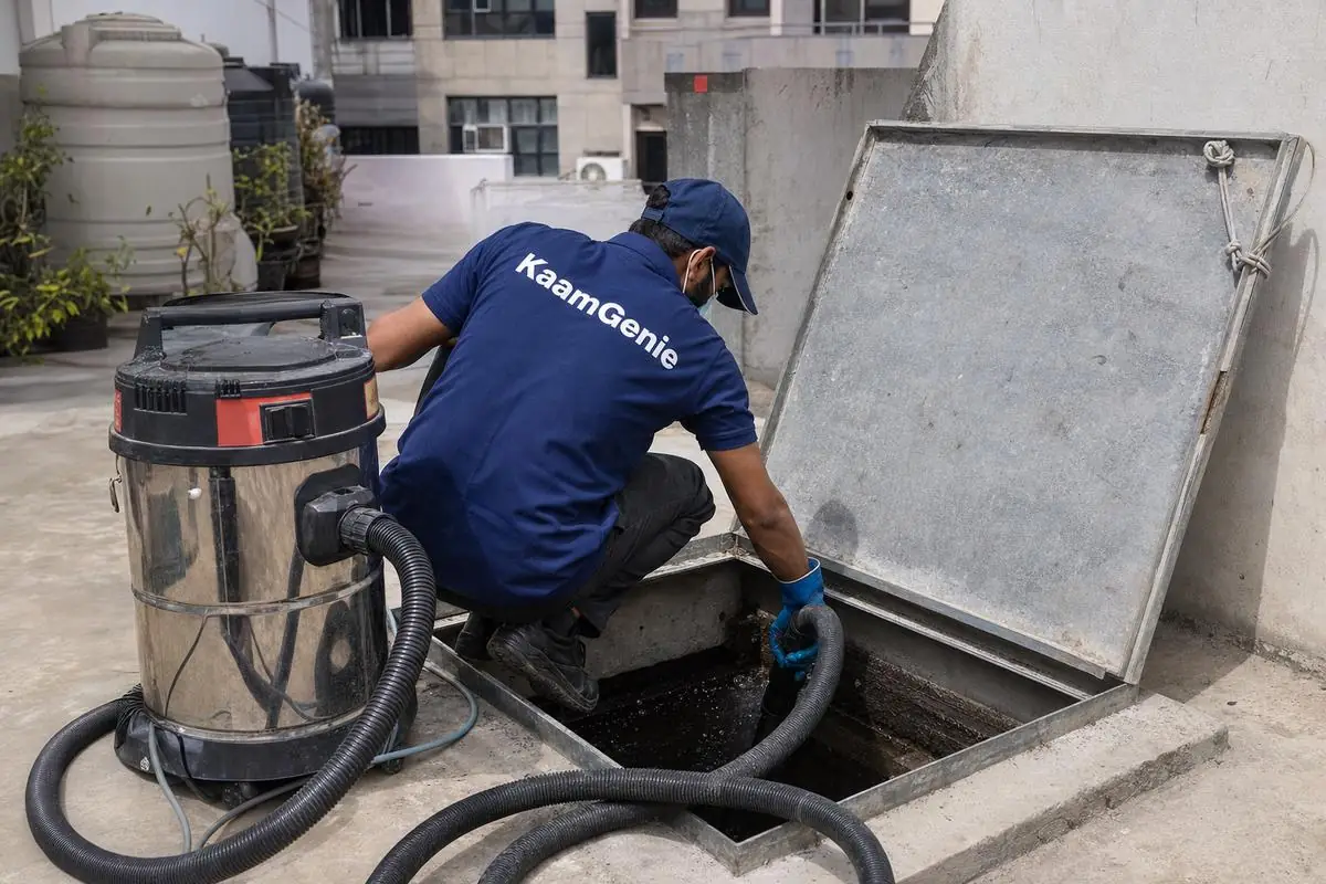 KaamGenie crew cleaning a underground sump in Katwaria Sarai, Delhi