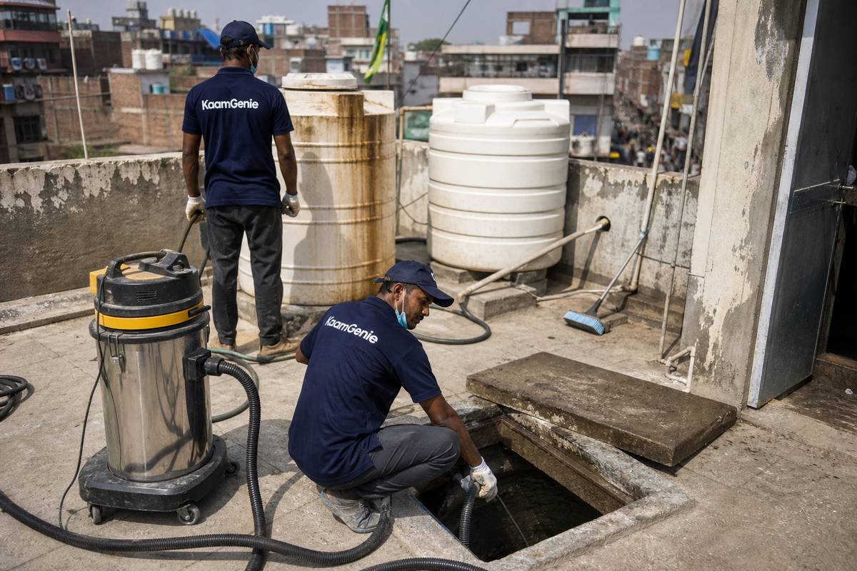 KaamGenie crew cleaning a underground sump in Khajoori Khas, Delhi