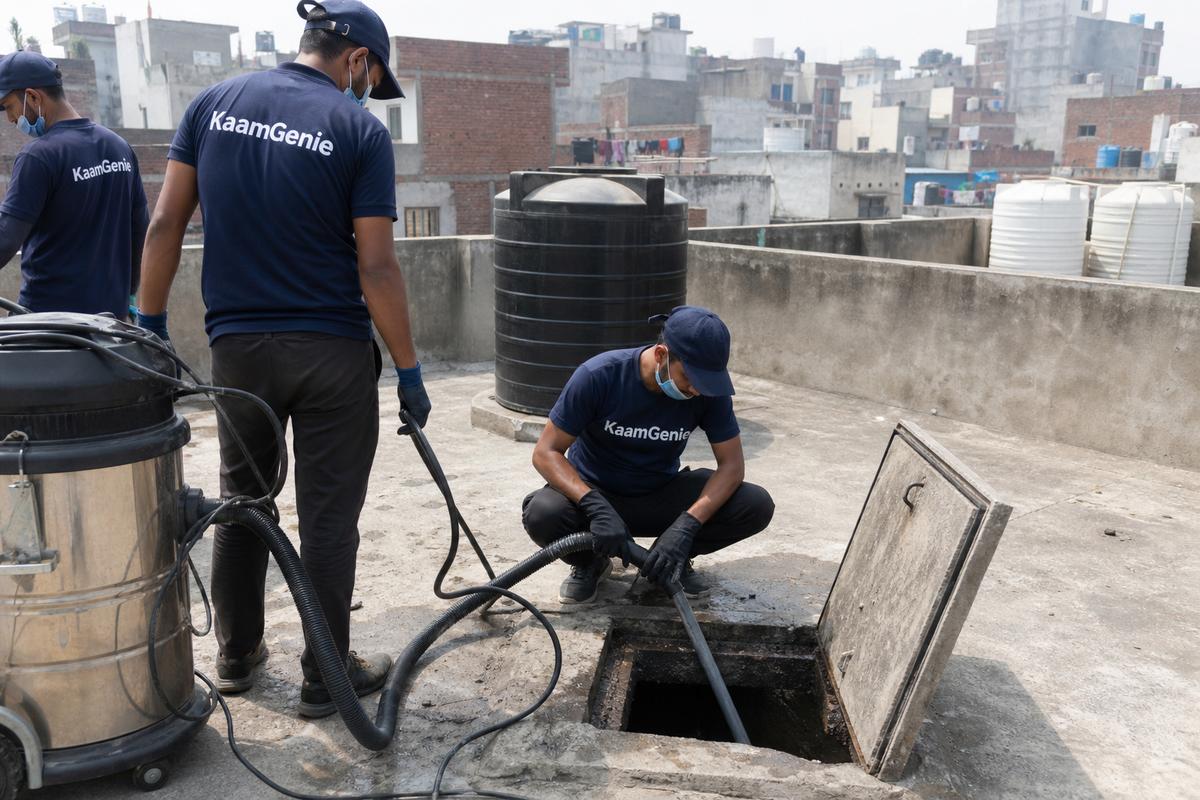 KaamGenie crew cleaning a underground sump in Khichripur, Delhi