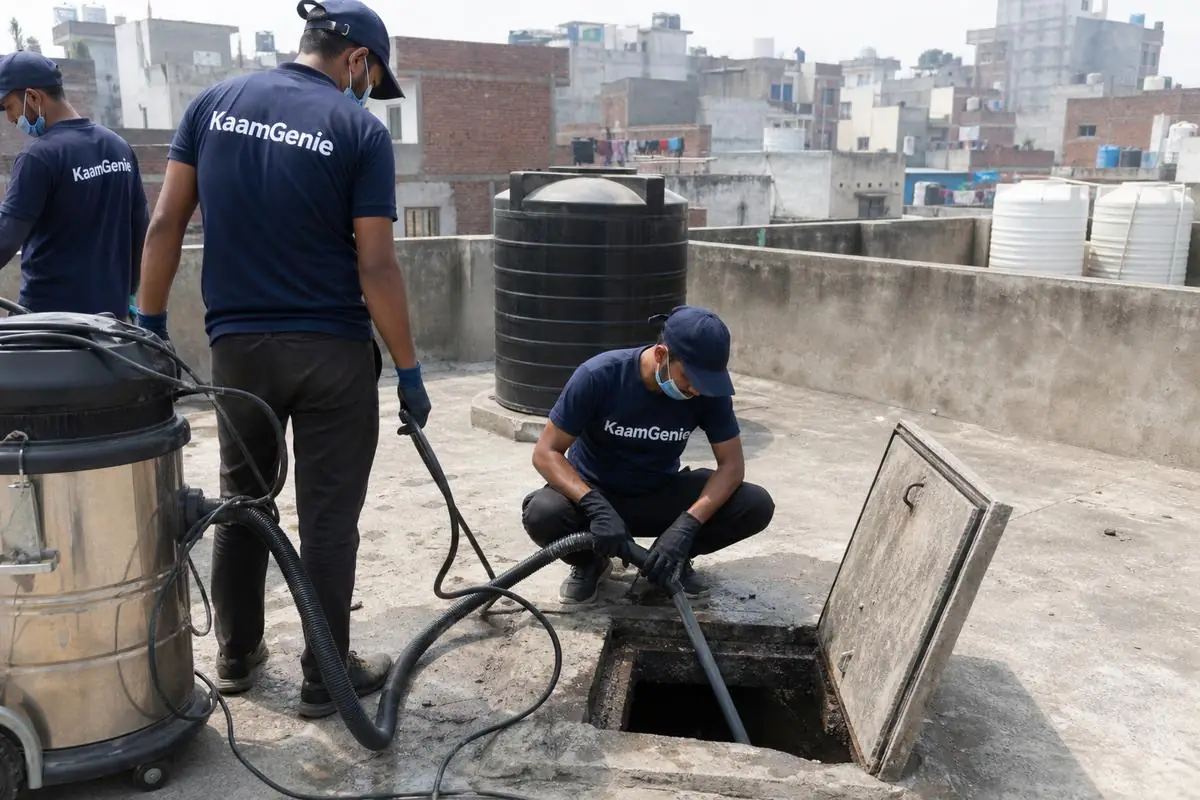 KaamGenie crew cleaning a underground sump in Khichripur, Delhi