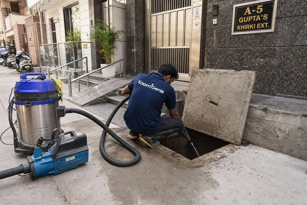 KaamGenie crew cleaning a underground sump in Khirki Extension, Delhi