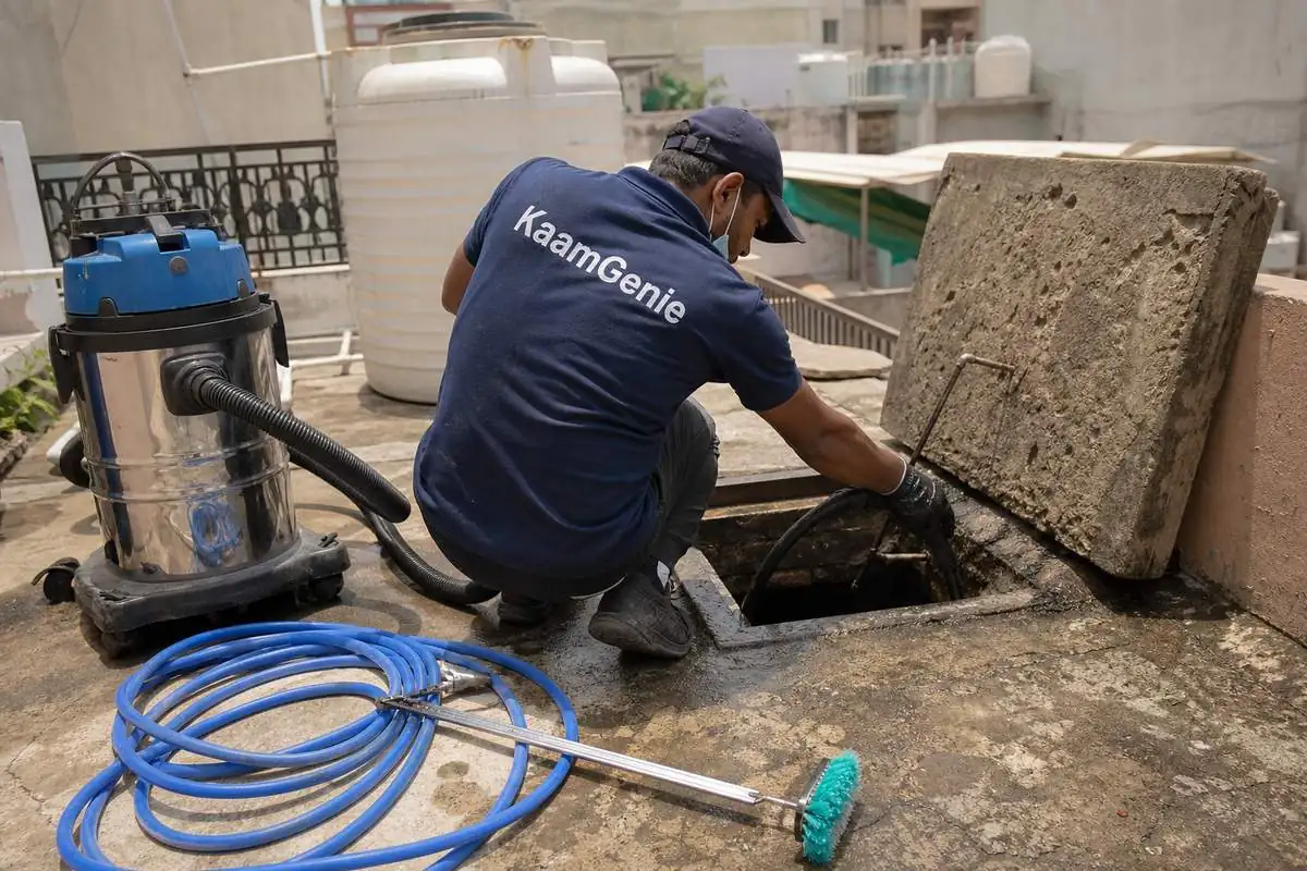 KaamGenie crew cleaning a underground sump in Lajpat Nagar 4, Delhi