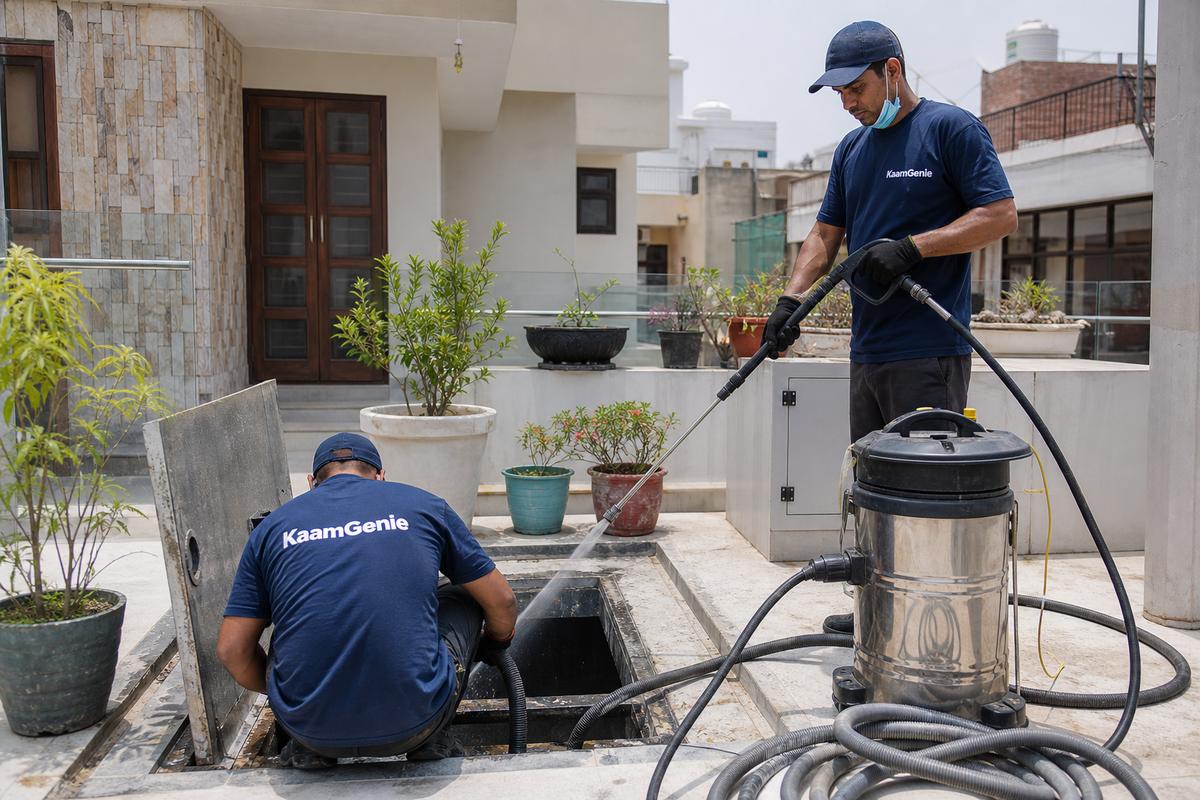 KaamGenie crew cleaning a underground sump in Mansarovar Garden, Delhi