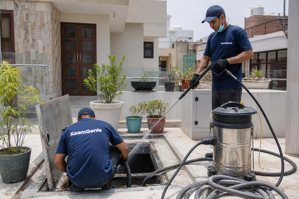 KaamGenie crew cleaning a underground sump in Mansarovar Garden, Delhi
