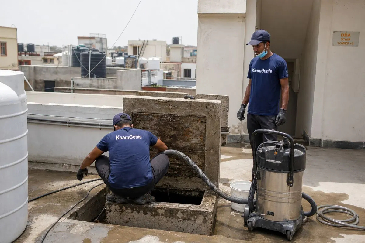 KaamGenie crew cleaning a underground sump in Masjid Moth, Delhi