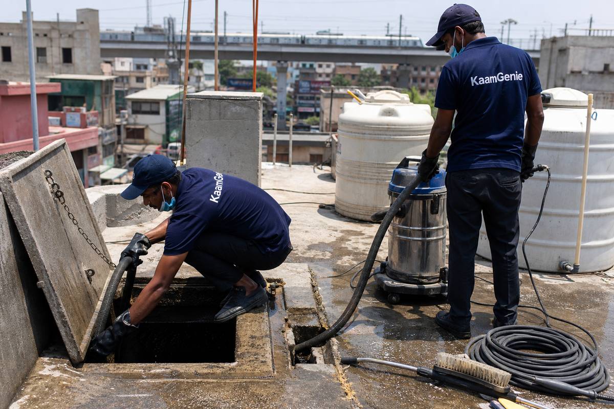 KaamGenie crew cleaning a underground sump in Maujpur, Delhi
