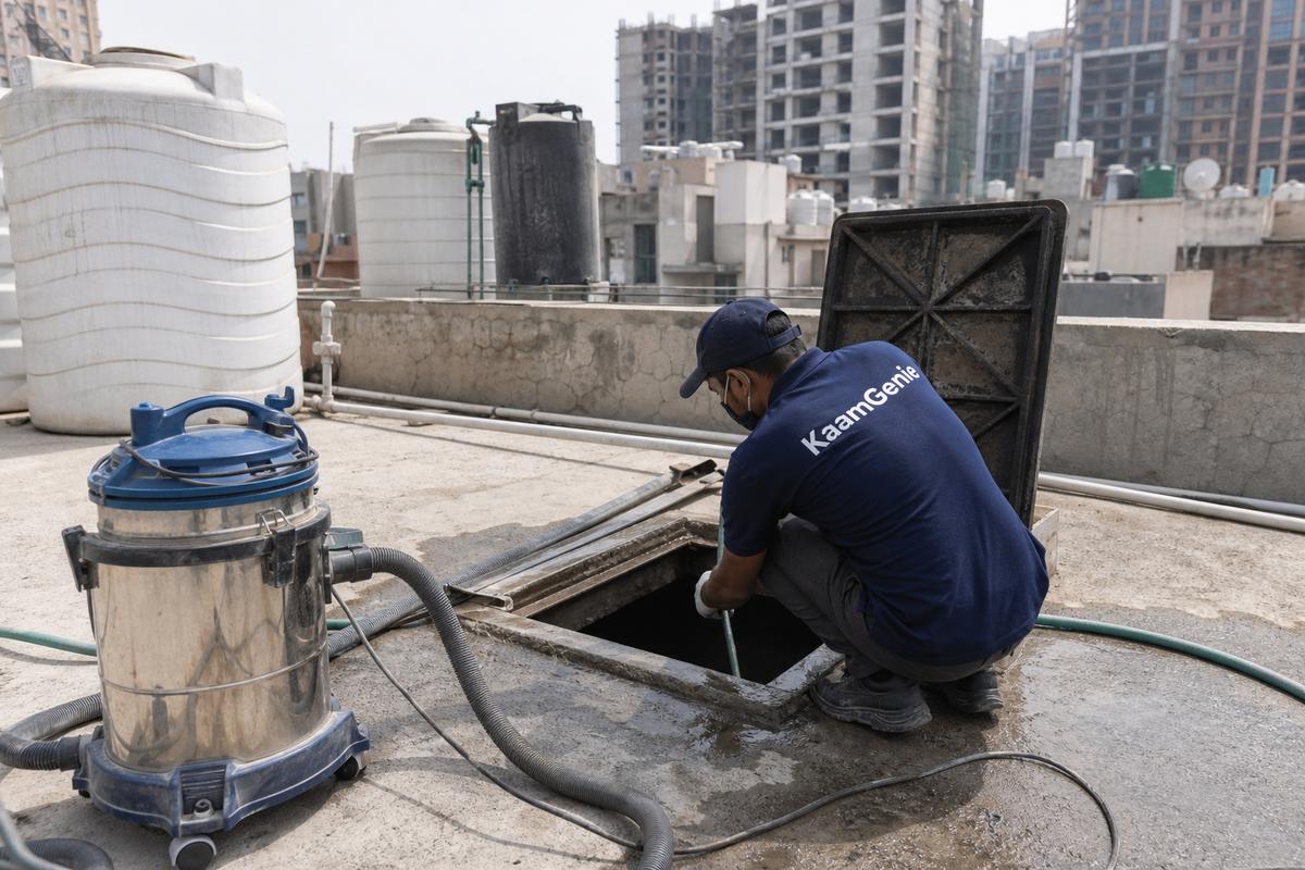 KaamGenie crew cleaning a underground sump in Moti Nagar, Delhi