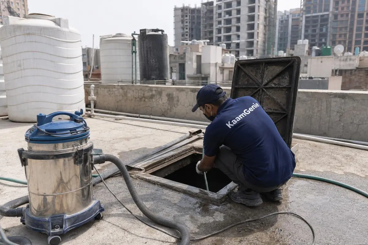 KaamGenie crew cleaning a underground sump in Moti Nagar, Delhi