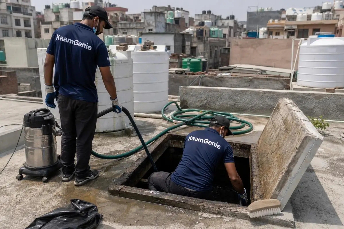 KaamGenie crew cleaning a underground sump in Mukherjee Nagar, Delhi