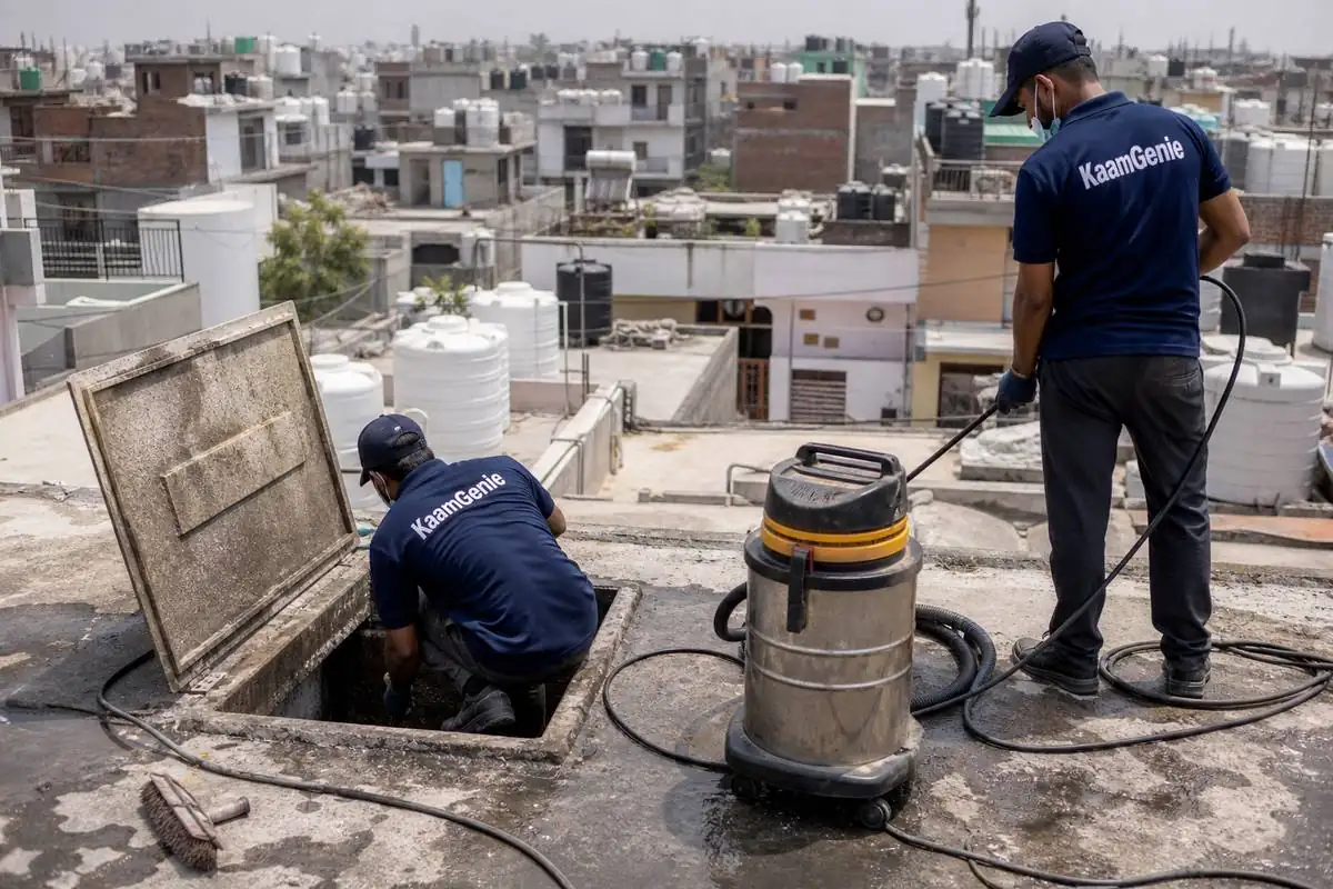 KaamGenie crew cleaning a underground sump in Mustafabad, Delhi